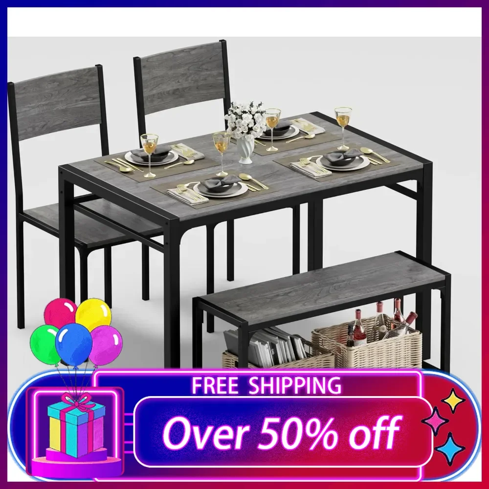 

43.3" Dining Table Set for 4, Kitchen Table with Bench & 2 Chairs Rectangular Metal Frame Dining Furniture Set for Small Space