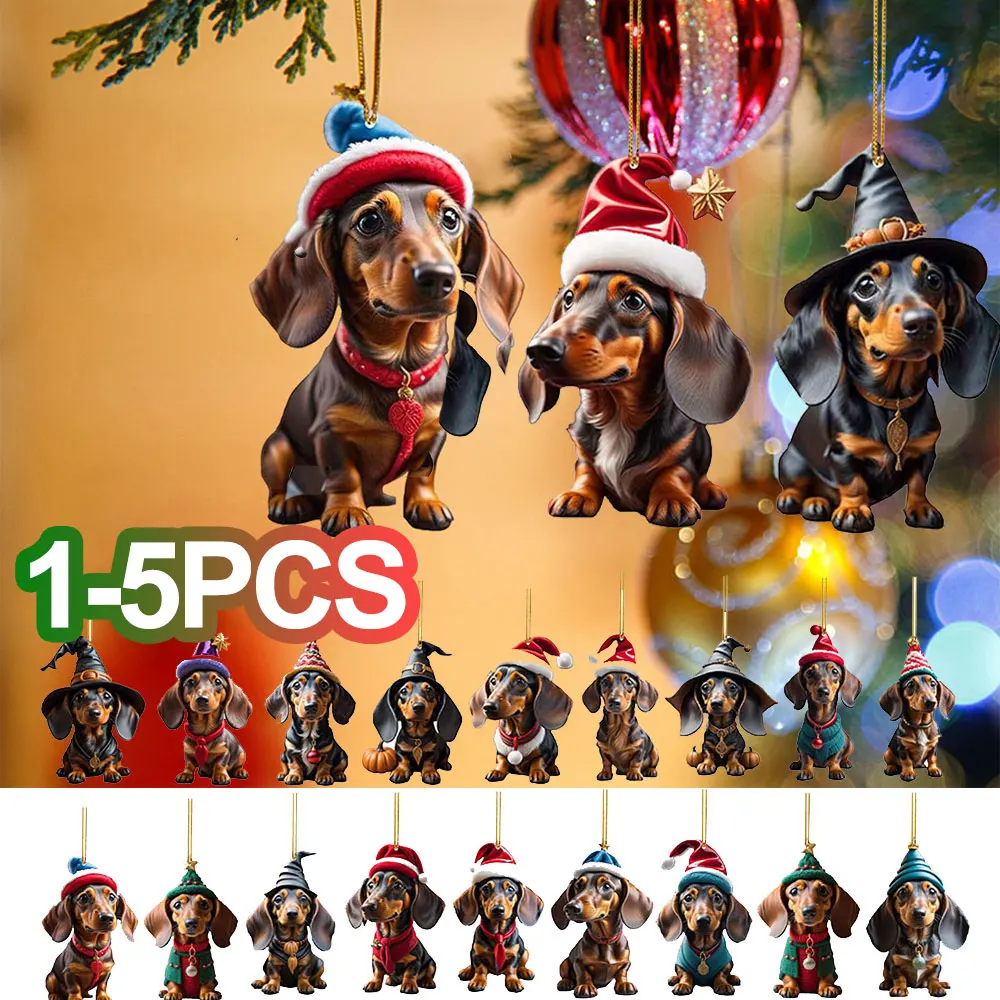 1-5pcs Cartoon Cute Dog ornamenti natalizi Fun bassotto Dog Hanging Decoration albero di natale Graphic Design ciondolo Home Car Decor