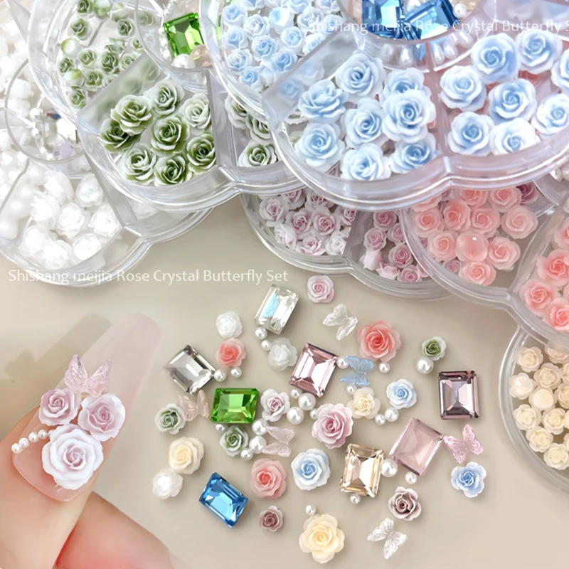 7 Grids 3D Rose Flower Nail Art Decorations Pink Colorful Camellia Mixed Crsytal Pearl Beads Butterfly DIY Manicure Charms