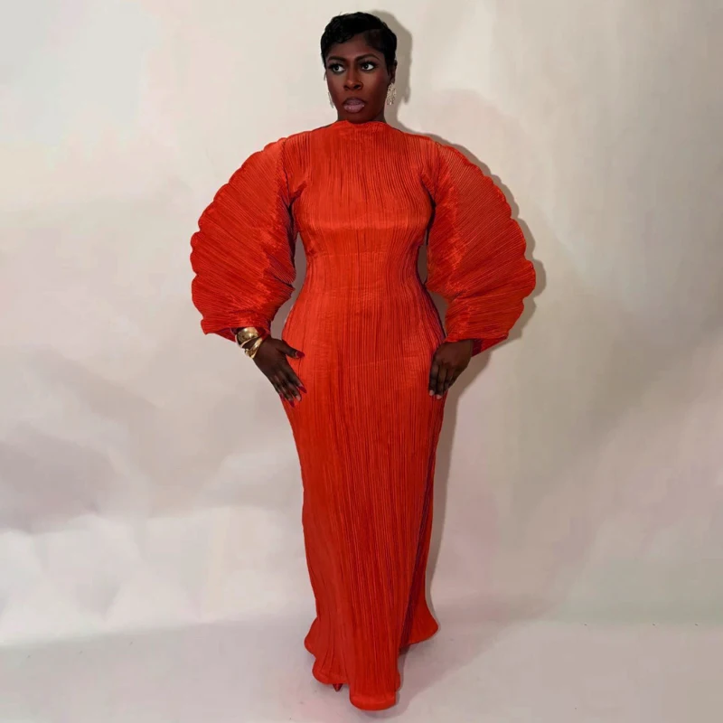 Elegantes afrikanisches Damenkleid mit O-Ausschnitt, Laternenärmeln, Falten und lockerem Schnitt, langes Abendkleid für den Urlaub.