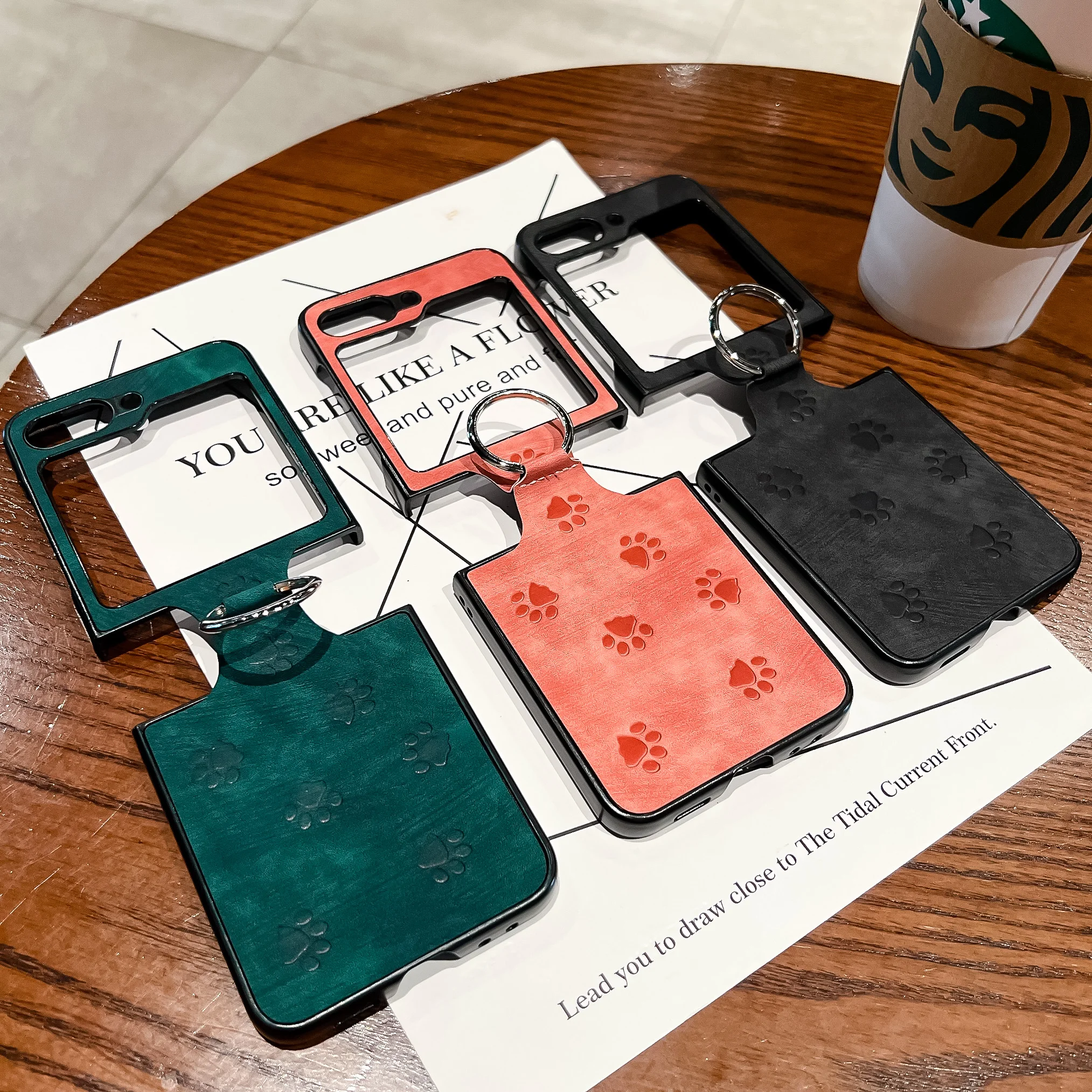 For Samsung Galaxy Z Flip 3 Flip 4 5 Leather Cat paw pattern Folding Phone Case with Ring Stand All-Inclusive Protective Cover