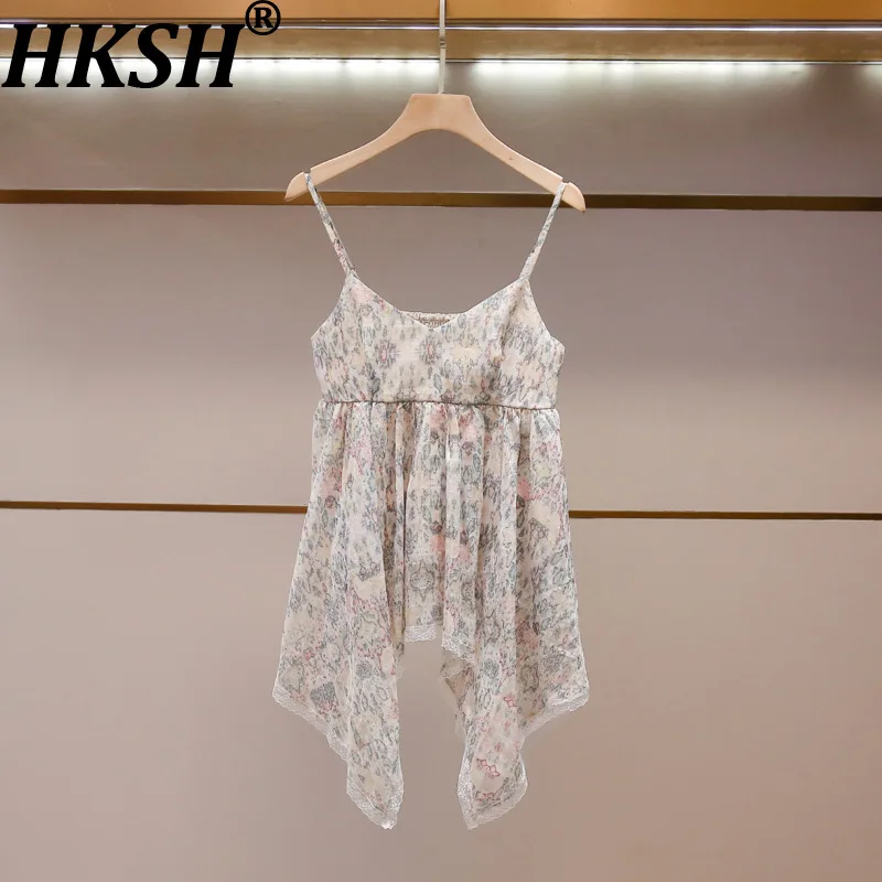HKSH Women Camisole Top High-End French Vacation Style Chic Lace Trim Patchwork Floral Print Irregular Trendy Strap Vest HK26490