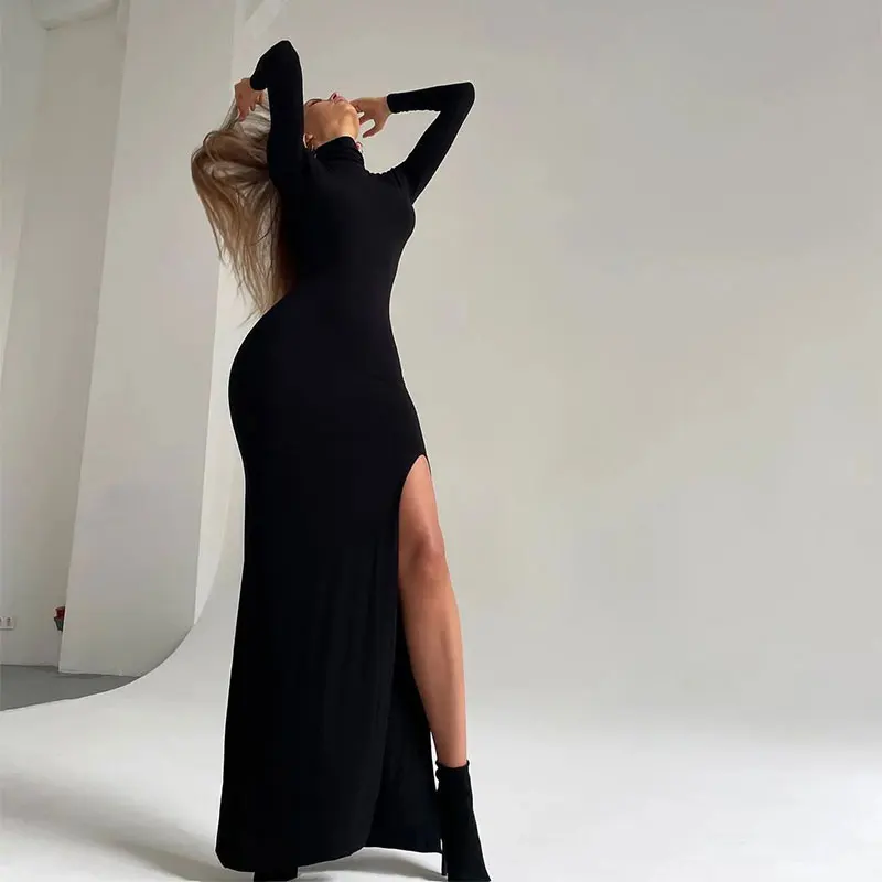 Autumn Winter New Dresses Sexy Black Split Women Maxi Dress Streetwear Fashion Turtleneck Long Sleeves Casual Slim Lady Dresses