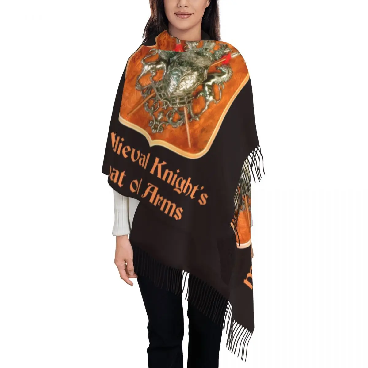 Fashion Medieval Crusader Coat Of Arms Tassel Scarf Women Winter Fall Warm Shawls Wraps Female Knights Templar Warrior Scarves