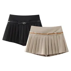 DUOPERI Women Fashion Solid Pleated Mini Skirt Shorts High Waist With Belt Female Chic Lady Casual Shorts