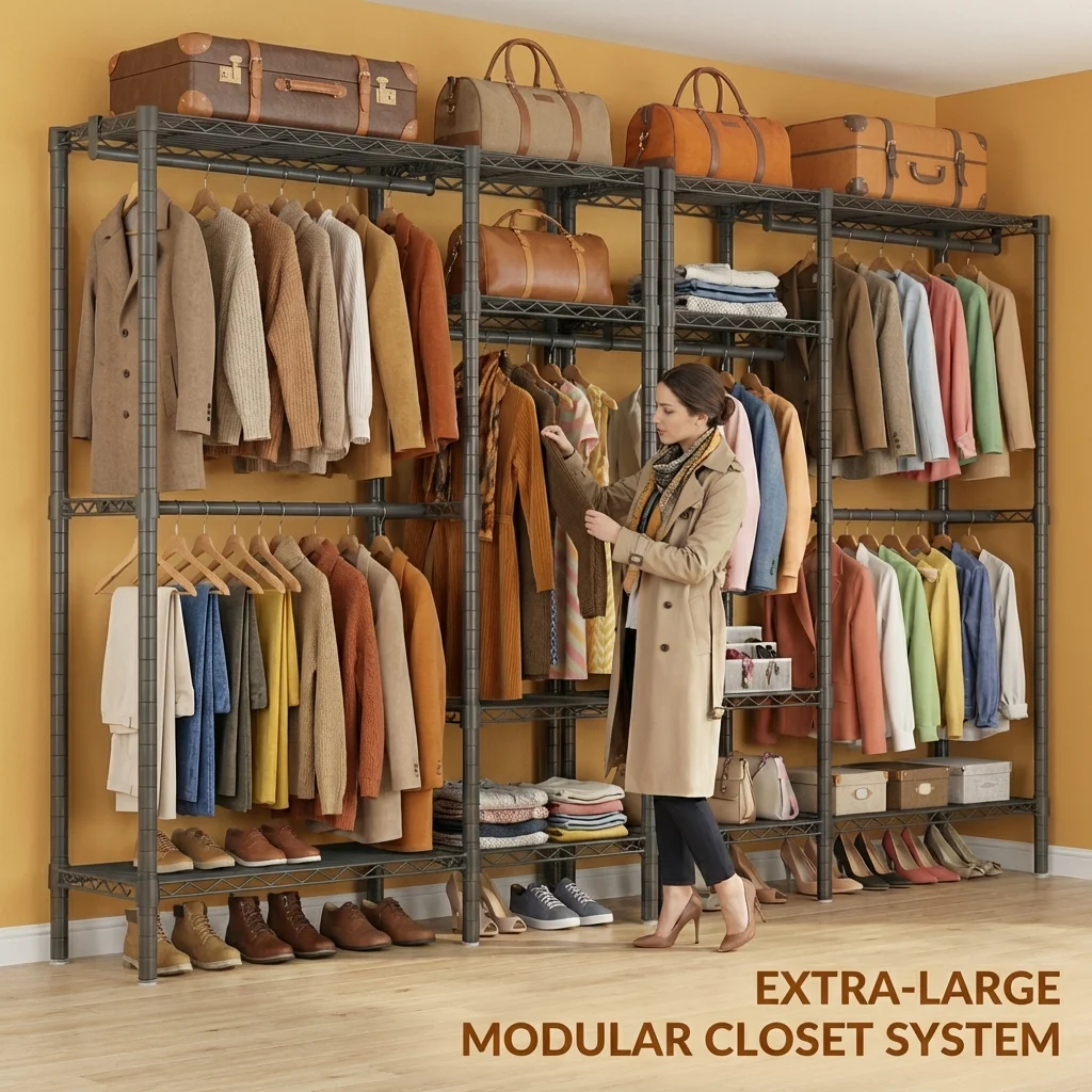 230cm Super Wide Garment Rack,Heavy Duty Metal Clothes Rack, Matrix Closet Organizer, L-Shaped Freestanding Wardrobe for Retail