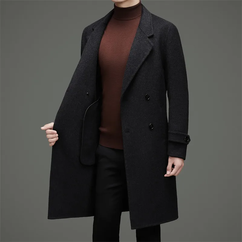 Classic British Style Men Double Breasted Cashmere Ovecoat Timeless Black Coffee Woolen Coat Gentlemen Winter Essential Attire