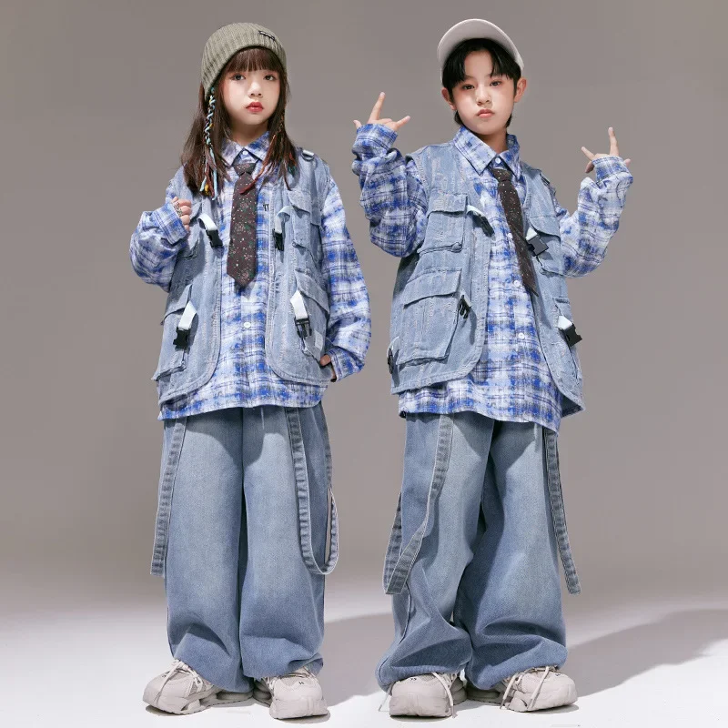 女の子ヒップホップダンスウェアブルーチェック柄シャツ破れたデニムベストジーンズだぶだぶのパンツ男の子用ユースジャズダンス衣装服