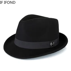 Männer Winter Dicke Warme Filz Fedora Hüte Wolle Gentleman Jazz Kappe Homburg Männlichen Klassische Schmale Krempe Top Hut