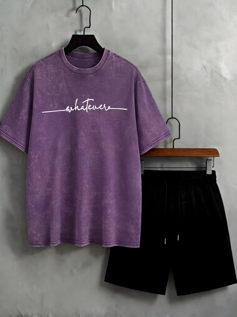 

Whatever Cursive Script Print Washed Soft T Shirt Man Summer O-Neck Clothes Trendy Cotton Short Sleeve Casual Sport Shorts Set