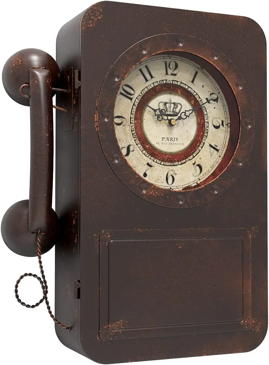 

Vintage Telephone Wall Clock with Hidden Safe, Battery Operated Quartz Metal Decor for Farmhouse Living Room