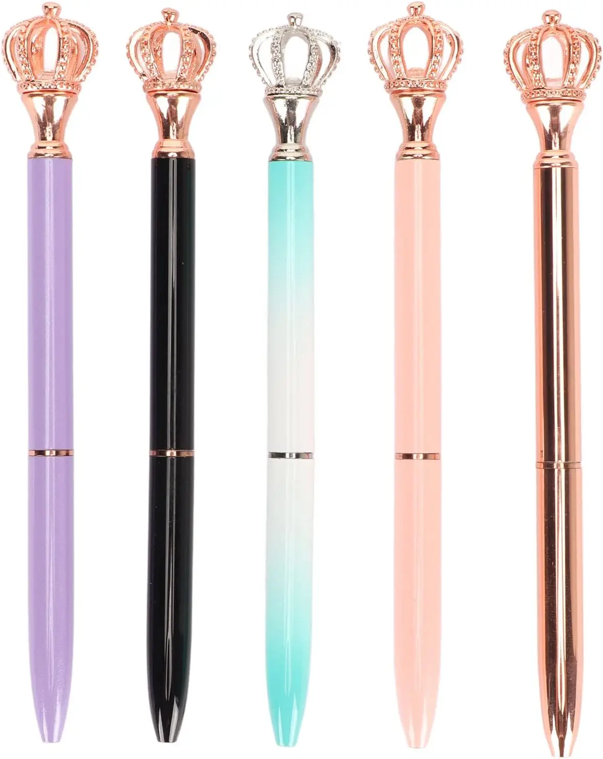 Pack of 5 Ballpoint Pens, Electroplated, Available in Various Colors, Interchangeable Gel Pen with Crown Top for Study, Office