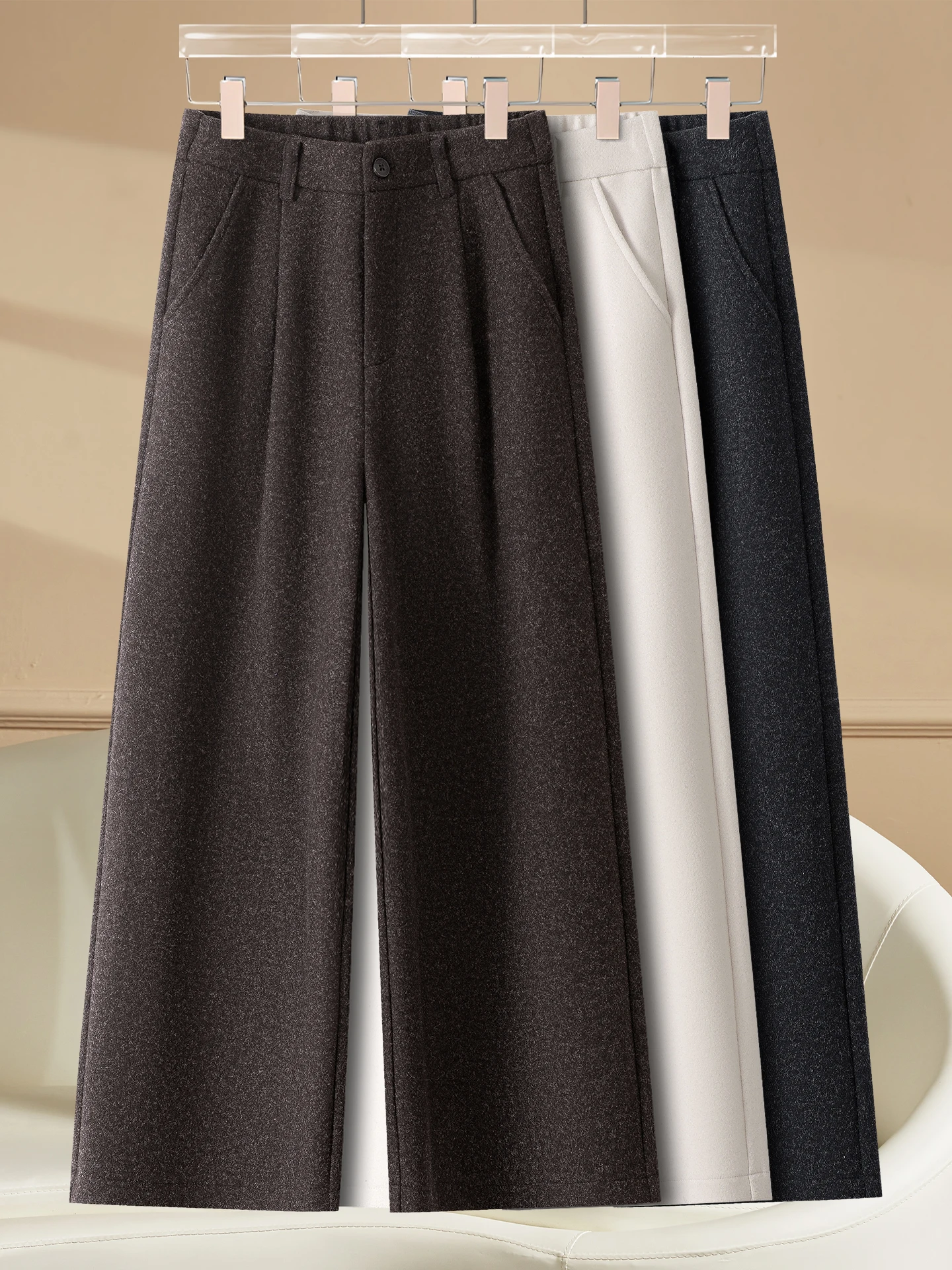 

High Waist Wide Leg Pants Women's Autumn Winter New Style Casual Loose Polyester Wool Blend Trousers Eight Parts Popular Model