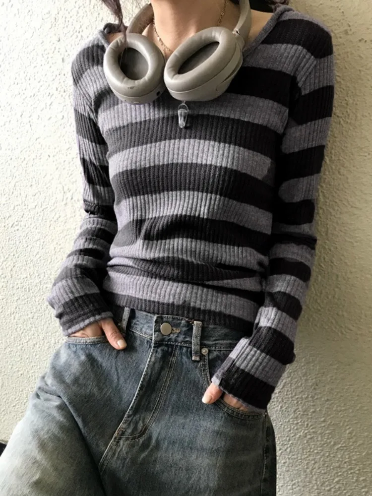 Striped Long Sleeve T-shirt Women Hooded Tops Vintage Bottoming Harajuku Y2k Aesthetic Casual Knitted Grunge Tees Streetwear