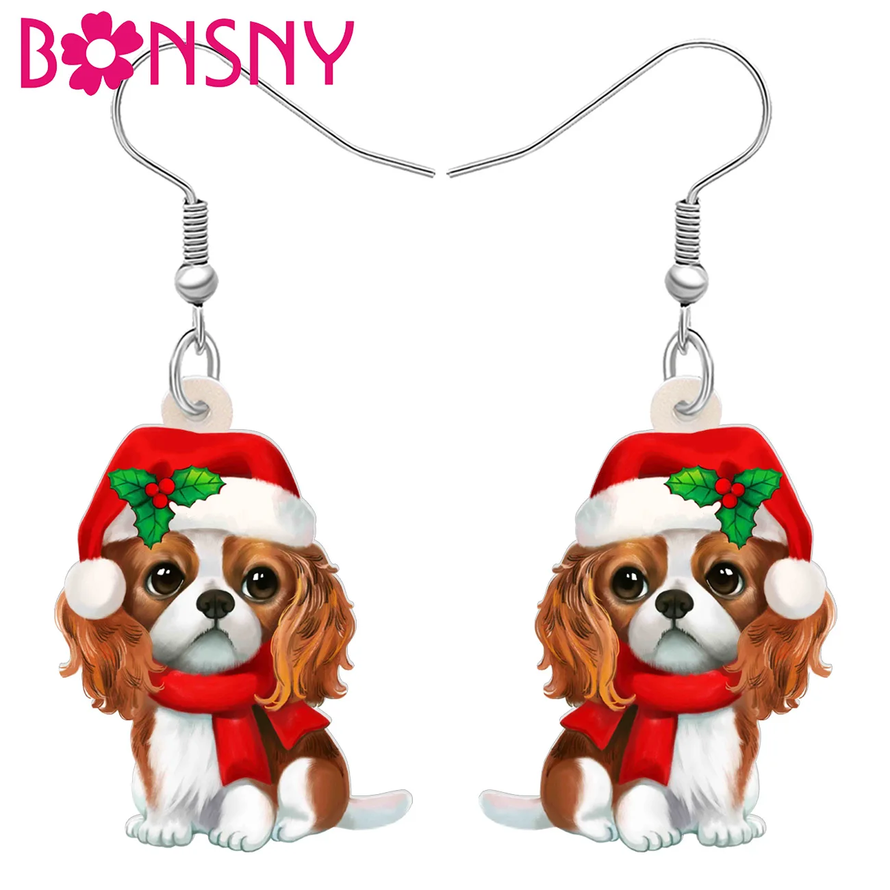 BONSNY Acrylic Hat Scarf Cavalier King Charies Spaniel Doggy Puppy Drop Dangle Earrings For Women Girls Kids Christmas Gifts