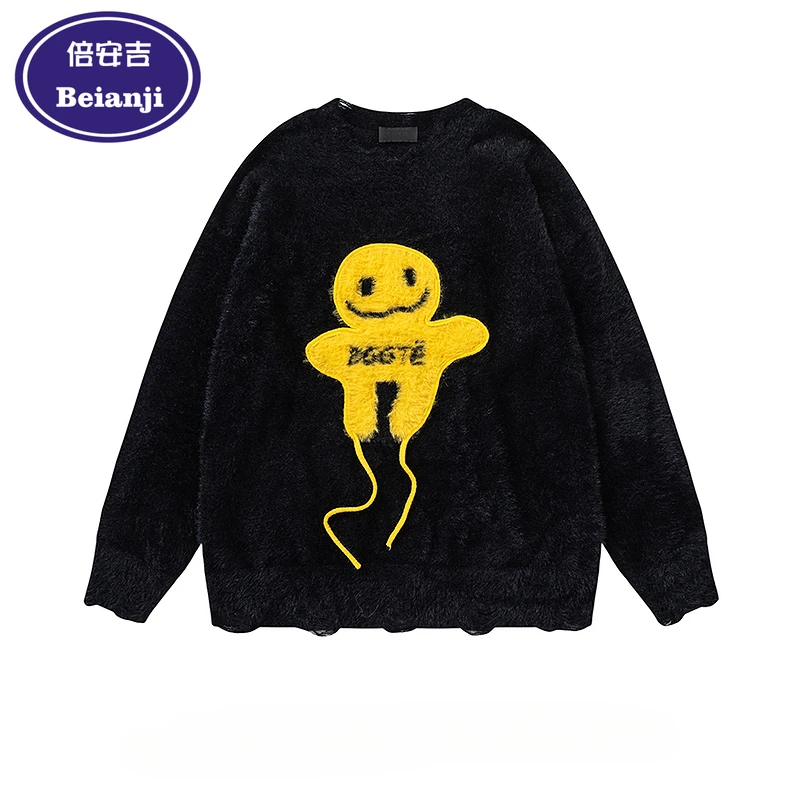 

Beianji sweater lazy style fun flocking hair men's autumn and winter American soft waxy couple crewneck pullover sweater