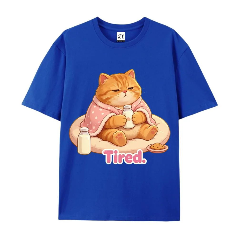 Cute Tired Orange Cat Graphic T-Shirt Funny Milk and Cookie Cartoon Casual Short Sleeve Tee Unisex Gift Top