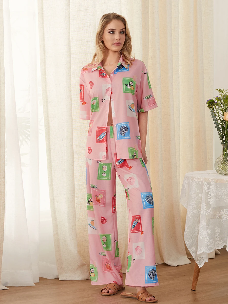 Women Pajamas Set 2 Pieces Loungewear Suits Multi Patterns Print Short Sleeve Shirts Tops and Pants Sleepwear Outfits