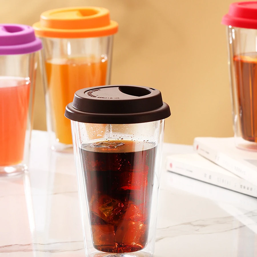 أكواب قهوة زجاجية مزدوجة الجدران مع أغطية سيليكون 350 مل/12 أونصة أكواب قهوة زجاجية قابلة لإعادة الاستخدام معزولة كوب أدوات للشرب الساخن/البارد #3