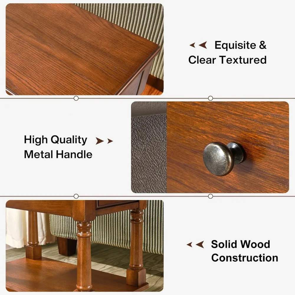 Mesa auxiliar de madera maciza de estilo vintage de mediados de siglo con cajón y estante para espacios habitables modernos