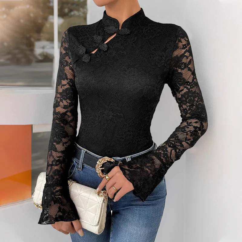 2024 New Cheongsam Long Sleeve Solid Black Lace Sexy Bodysuit Women Autumn Winter Body Top Gray Casual Lady Streetwear Bodysuits