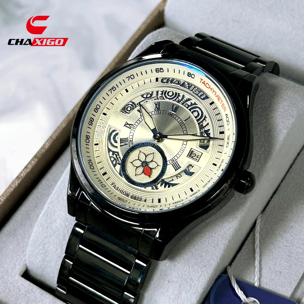 

CHAXIGO Trendy Business W atch with Calendar Waterproof Luminous Men's Wa tch Steel Belt Quartz Watch