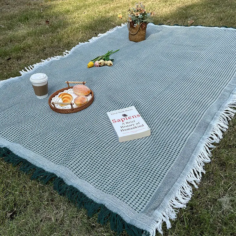 Picnic blanket Bohemian style Double-side Outdoor camping travel picnic mat, leisure mattress sofa cover, tassel linen fabric