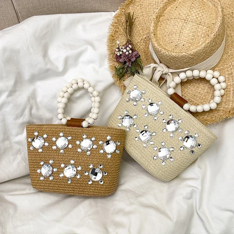 

Модные повседневные соломенные тканые сумки с бисером, блестящие бриллианты, молния, темперамент, чувство роскоши, сумки для женщин, хаки