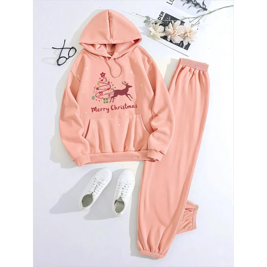 Mia Muse  Women's Sets Fashion Plain Christmas Elk Pattern Letter Print Long Sleeve Hoodie Natural Waist Pant Casual Sets