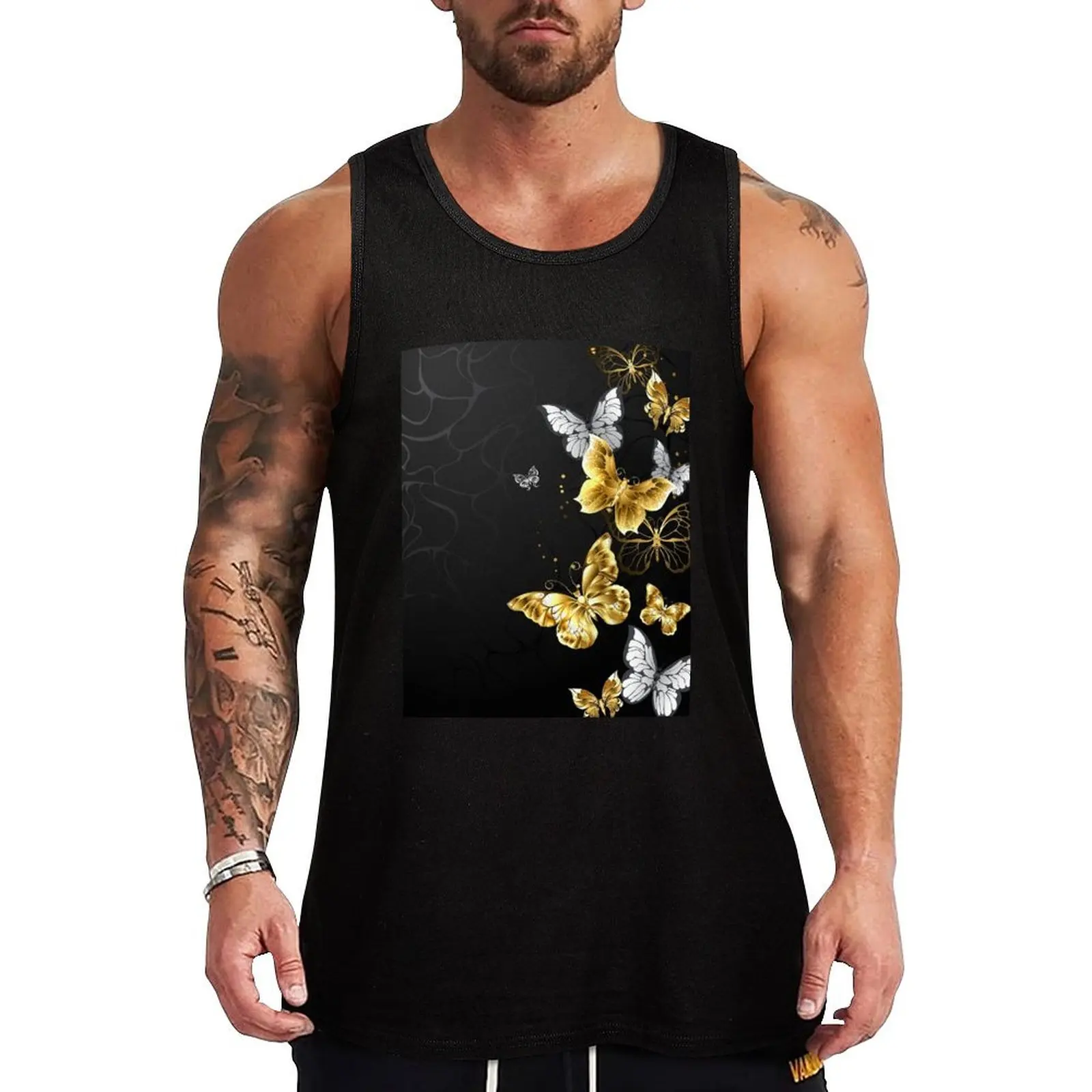 Gold and White Butterflies Tank Top Neutral Print Tank Top Simple Graphic Sleeveless Wear