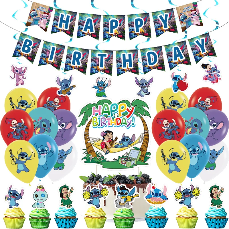 64pcs/set blue stitch birthday party decorations party kits baby stitch banners cake flags party balloons