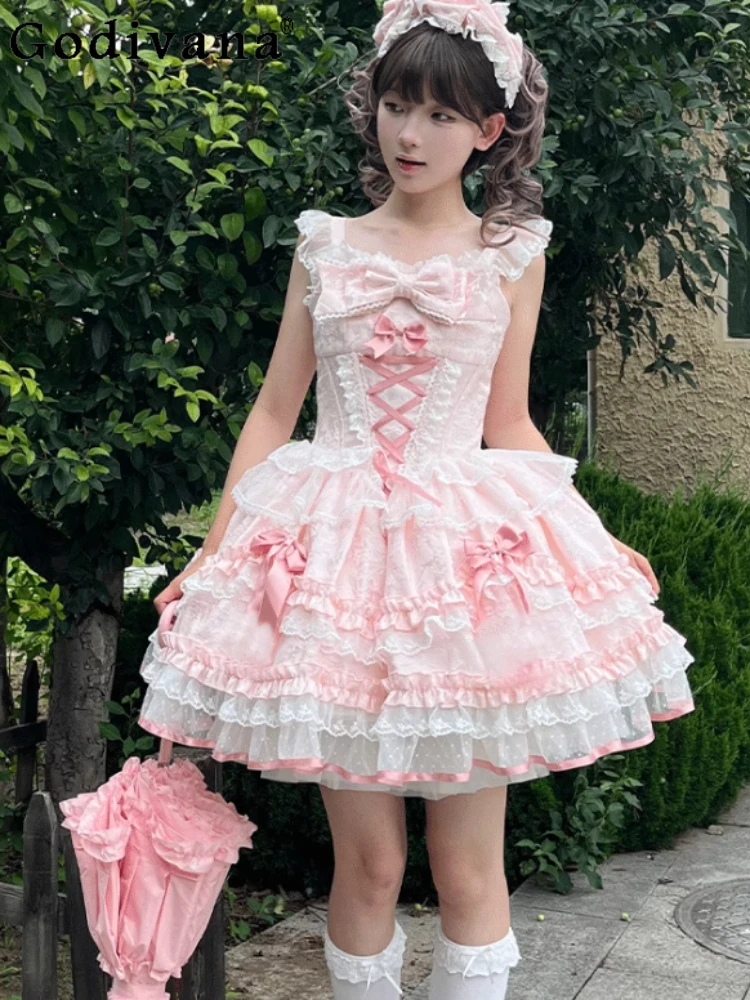 

Summer Elegant Lolita Girl Sweet Bow Cute Princess Cake Dress Fashion Square Neck Lace High Waist A-line Fairy Suspender Dresses