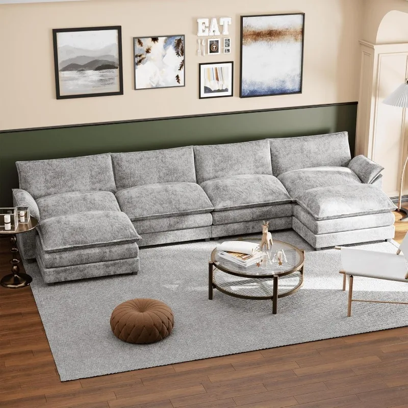 Sectional Modular Sofa U Shaped Chenille Fabric Couch with High Supportive & Soft Sponges and Removable Ottoman, Sleeper Comfy