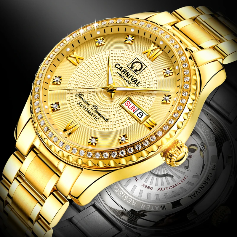 

CARNIVAL Man Watches Luxury Men Gold Rhinestone Watch Men's Business Luminous Wristwatch Male Automatic Mechanical Watches Reloj