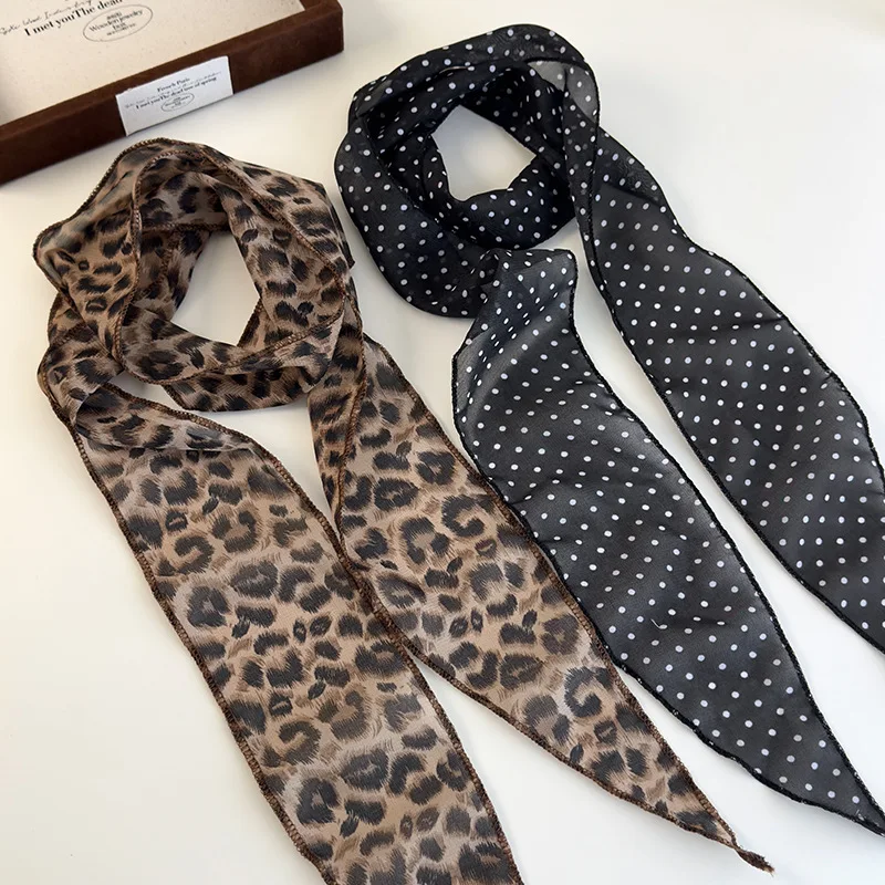 100 Percent Silk Leopard Print Polka Dot Skinny Scarf For Women Spring Summer Versatile Fashion Accessory Can Be Used As Neck