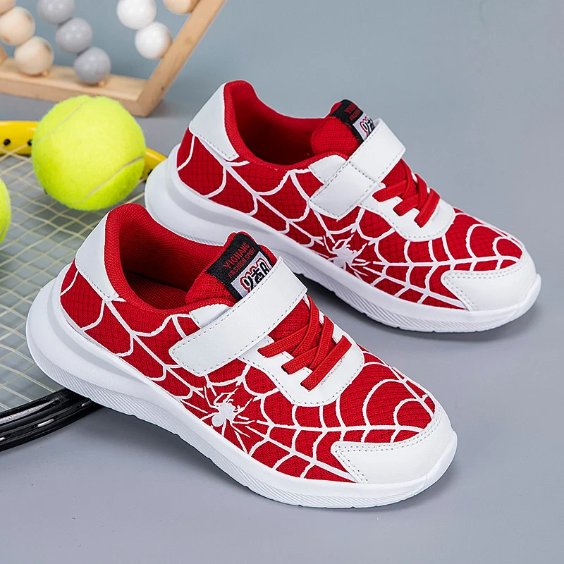

Kids Spider Pattern Running Shoes Double‑Layer Breathable Mesh Upper Lightweight EVA Sole Hook And Loop Boys Casual Sneakers EU