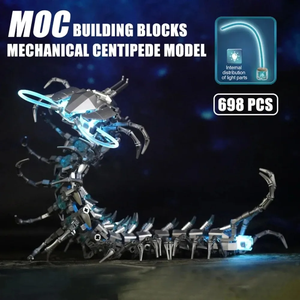 DeKe 698Pcs Mechanical Centipede Building Blocks Model With LED Light Movable Parts Educational STEM Toy Decoration Xmas Gift