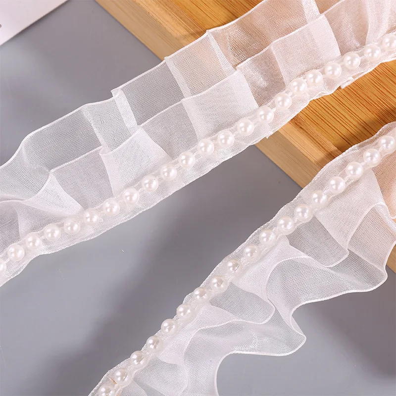 40 Yards 30MM 40MM Deading Double Bead Edge White  Fold Lotus Leaf Snow Yarn Ribbon Hair Bows DIY Handmade Crafts Accessories