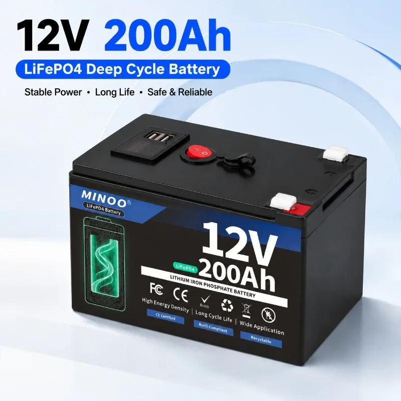 Upgraded 12V 200Ah 300Ah LiFePO4 Solar Battery Deep Cycle Rechargeable Built-in BMS Lithium 200Ah for Power Wheels Scooters Fish