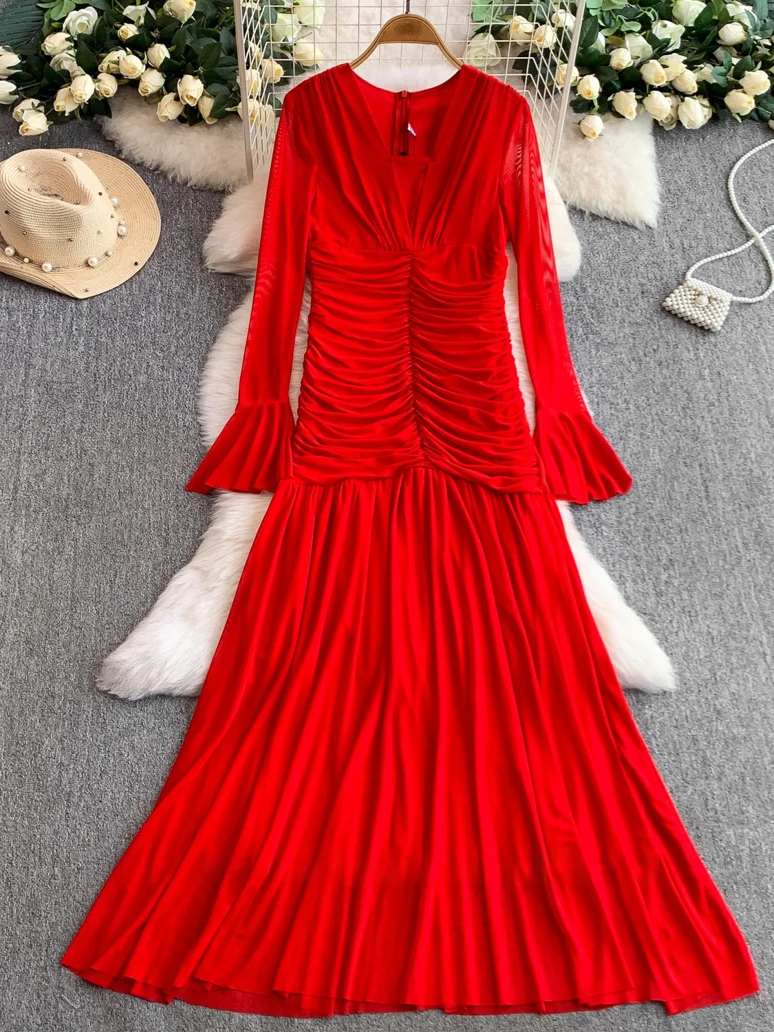 

Сексуальное длинное платье трапециевидной формы с v-образным вырезом Bell Sve Dr, женское длинное платье трапециевидной формы для похудения, осеннее повседневное, с высокой талией, сложенное, мягкое, неэластичное