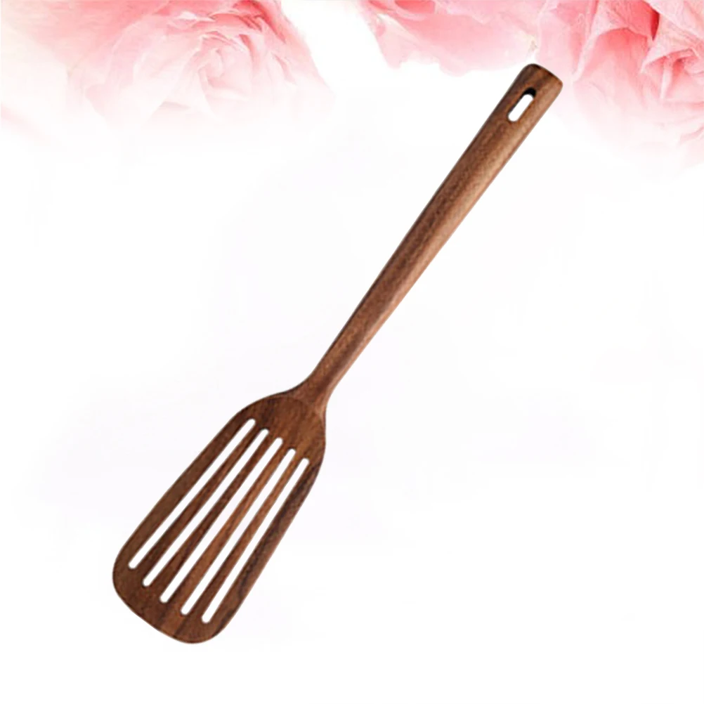 

1pc Teak Wood Slotted Turner No Paint Hollow Handle Kitchen Shovel Heat Resistant Cooking Tool For Nonstick Pots Wood Cook