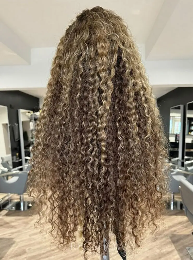 13x4 Long Sexy Bouncy Lace Front Wig Premium High Heat Fiber Kinky Curly Caramel Brown Wig Ash Dark Root Balayage Synthetic Wig