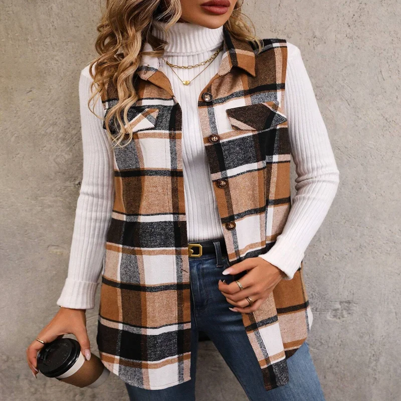 Women\'s Plus Size Checkered Printed Folded Edge Details Sleeveless Coat Fashion Flip Collar Jacket Coat