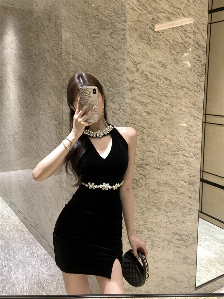 Süße Heiße Mädchen Diamant Ärmelloses Backless Wrap Hüfte Kleid frauen Frühling Reine Sexy Schlitz Dünne Kurze Samt Kleid Weibliche kleidung