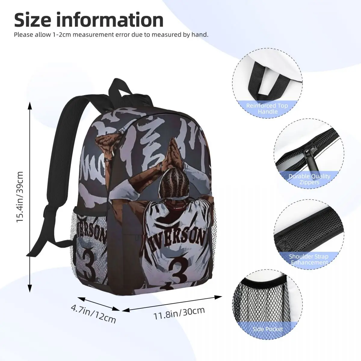 Allen Iverson Poster Nuevo bolso escolar con estampado de moda Mochila liviana de 15 pulgadas