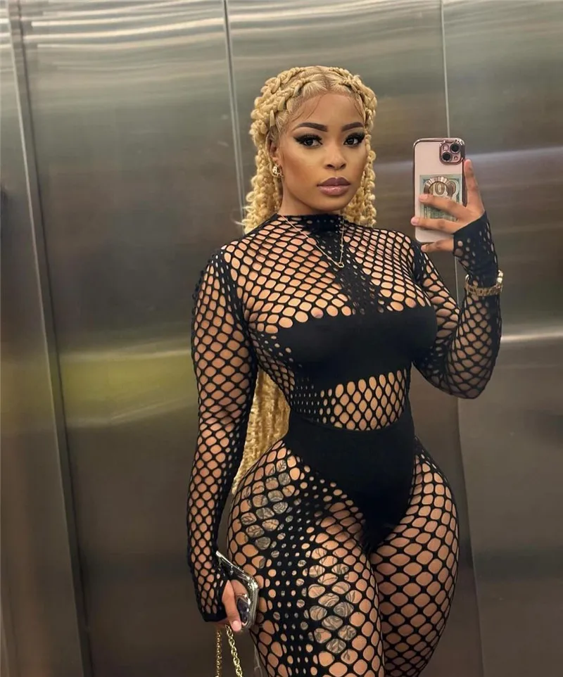 Long Sleeve Hollow Out Women Jumpsuits Black Sexy See Through Bodycon Rompers Fashion Nightclub Party Female Overalls Dropship