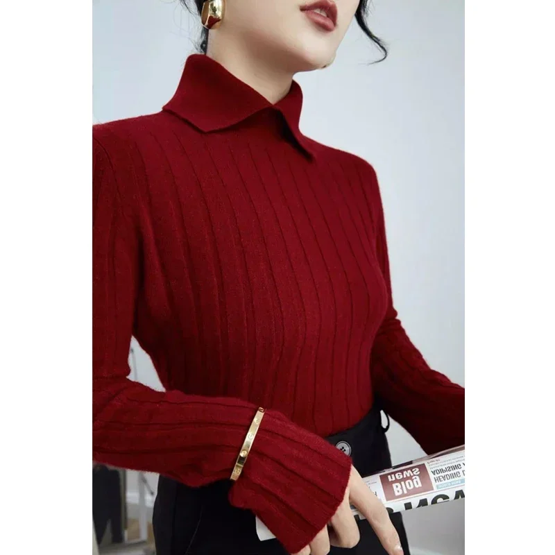 Suéter de punto acanalado con cuello tipo Polo elegante para mujer, moda coreana, Jersey ajustado liso de manga larga para otoño e invierno, Jersey básico