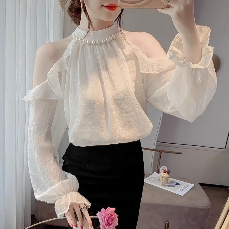 Halter Blouses Women Chiffon Shirts  Off-shoulder Loose Ruffles Gentle All-match Chic Spring Summer Tops Sweet Pearls Mujer