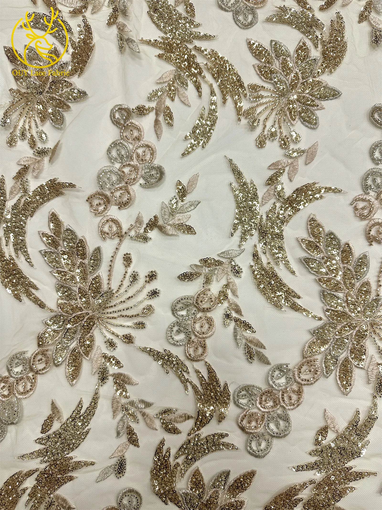 Premium-Spitzenstoff für Brautkleider Hochwertiger Afrikanischer Pailletten-Perlen-Spitzenstoff Französisch-Nigerianischer Bestickter Spitzenstoff – Detail 7