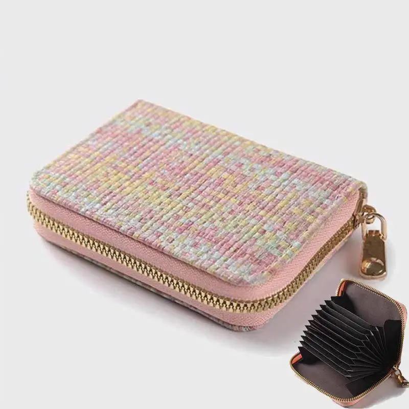 Pastel Tweed Plaid Zipper Card Holder With Multiple Card Slots Gold Zipper Perfect For Daily Commute Shopping Short Trips